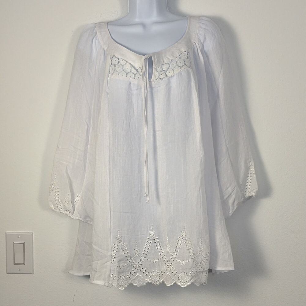 New Directions White Woven Polyester Tunic Blouse Lace Eyelet Tie Neck 2X